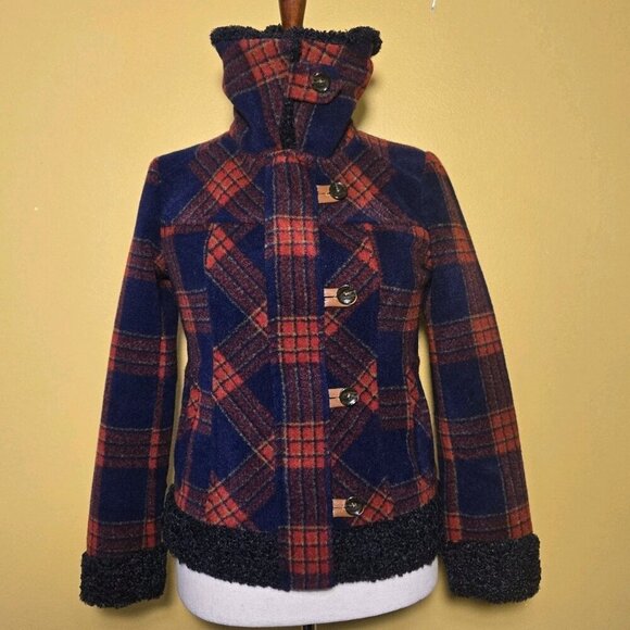 Sundance Womens Coat XS Red Blue Plaid Wool Blend Jacket Faux Fur Greta Lined XS - Picture 6 of 10